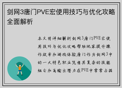 剑网3唐门PVE宏使用技巧与优化攻略全面解析